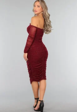 Bordeaux Rode Glitter Bodycon Jurk van Mesh