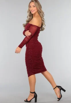 Bordeaux Rode Glitter Bodycon Jurk van Mesh