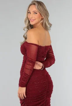 Bordeaux Rode Glitter Bodycon Jurk van Mesh