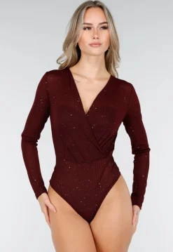 Bordeauxrode Glitter Body met V-Hals en Lange Mouwen