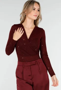 Bordeauxrode Glitter Body met V-Hals en Lange Mouwen
