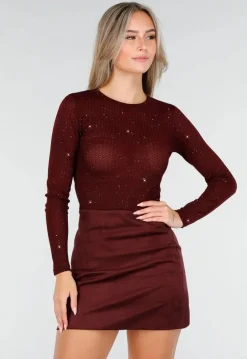 Bordeauxrode Glitter Top met Stretch