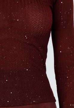 Bordeauxrode Glitter Top met Stretch
