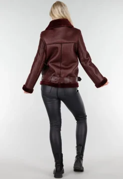 Bordeaux Rode Imitatie Leren Biker Jas met Faux Fur