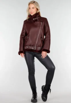 Bordeaux Rode Imitatie Leren Biker Jas met Faux Fur