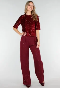 Bordeauxrode Linnenlook Glitter Pantalon met Stretchband