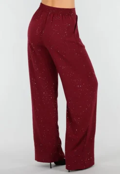 Bordeauxrode Linnenlook Glitter Pantalon met Stretchband