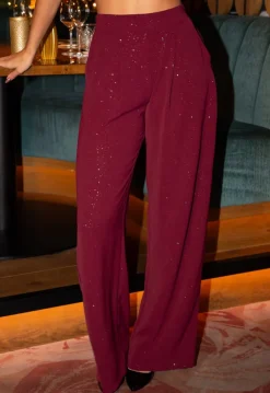 Bordeauxrode Linnenlook Glitter Pantalon met Stretchband