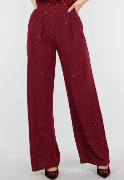 Bordeauxrode Linnenlook Glitter Pantalon met Stretchband