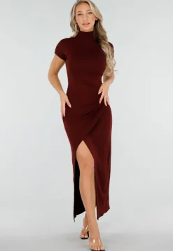 Bordeauxrode Maxi Jurk met Col en Split