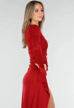 Bordeauxrode Maxi Jurk met Vierkante Hals en Split in Stretch