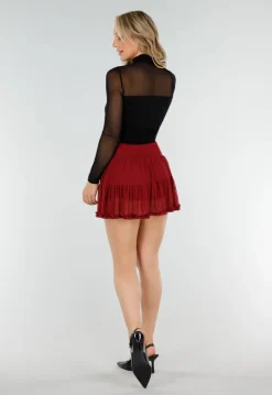 Bordeauxrode Mesh Skort met Short, Stretch en Ruffle Rand