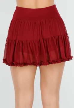 Bordeauxrode Mesh Skort met Short, Stretch en Ruffle Rand