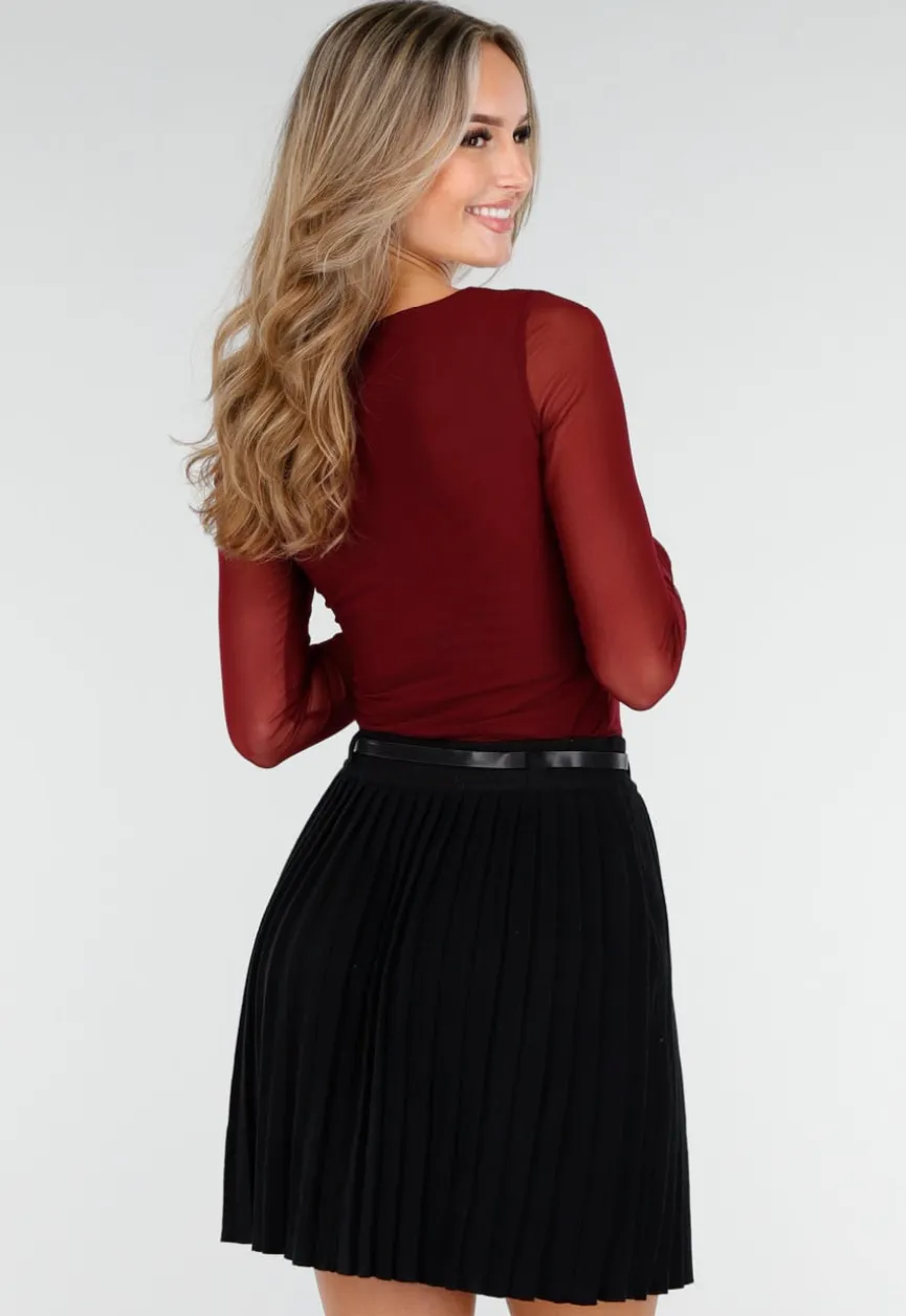Bordeauxrode Mesh Top met Vierkante Halslijn