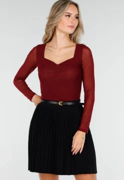 Bordeauxrode Mesh Top met Vierkante Halslijn