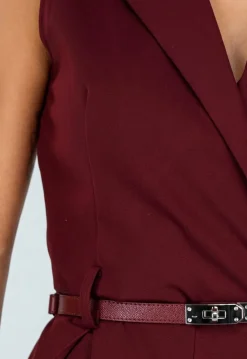 Bordeauxrode Mouwloze Playsuit met Revers, Riem, Blinde Rits en Stretch
