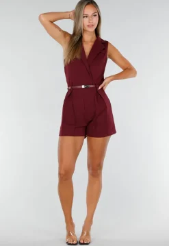 Bordeauxrode Mouwloze Playsuit met Revers, Riem, Blinde Rits en Stretch