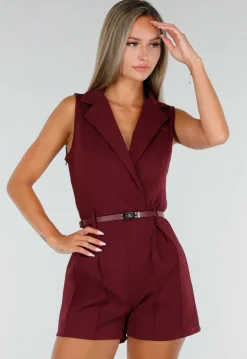 Bordeauxrode Mouwloze Playsuit met Revers, Riem, Blinde Rits en Stretch