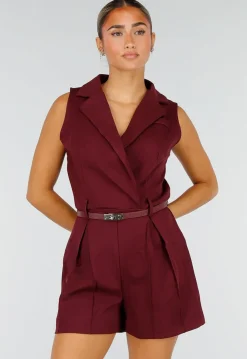 Bordeauxrode Mouwloze Playsuit met Revers, Riem, Blinde Rits en Stretch
