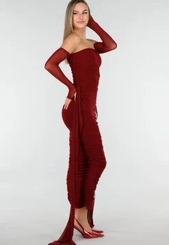 Bordeaux Rode Off Shoulder Mesh Jurk met Lange Mouwen
