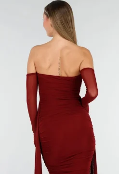 Bordeaux Rode Off Shoulder Mesh Jurk met Lange Mouwen