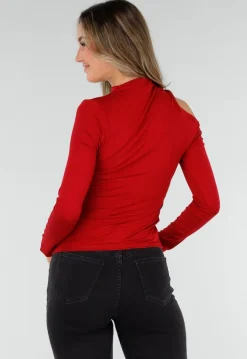 Bordeauxrode One Shoulder Top met Lange Mouwen
