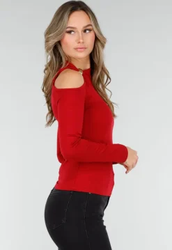 Bordeauxrode One Shoulder Top met Lange Mouwen