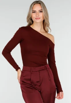 Bordeauxrode One Shoulder Top met Lange Mouwen