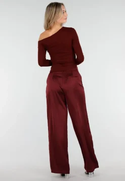 Bordeauxrode One Shoulder Top met Lange Mouwen