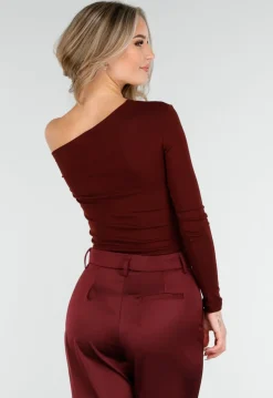 Bordeauxrode One Shoulder Top met Lange Mouwen
