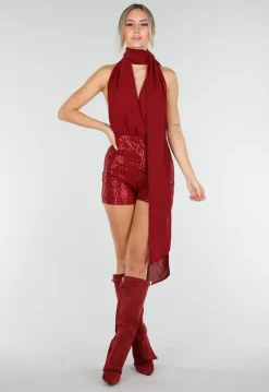 Bordeauxrode Pailletten Playsuit met Open Rug en Strikdetail