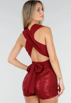 Bordeauxrode Pailletten Playsuit met Open Rug en Strikdetail