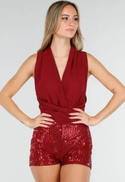 Bordeauxrode Pailletten Playsuit met Open Rug en Strikdetail