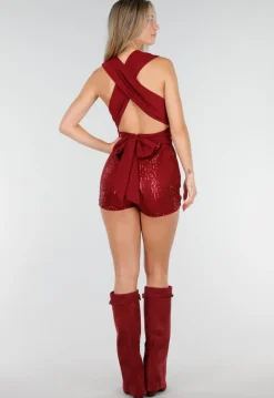 Bordeauxrode Pailletten Playsuit met Open Rug en Strikdetail