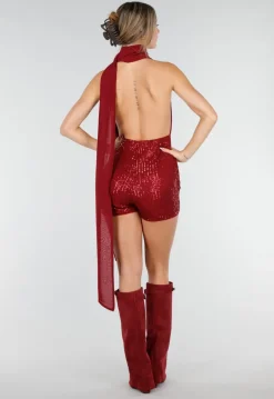 Bordeauxrode Pailletten Playsuit met Open Rug en Strikdetail