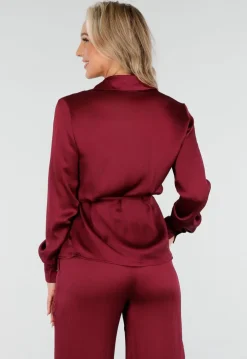 Bordeauxrode Satijnlook Set Met Blouse en Wide Leg Broek