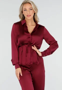 Bordeauxrode Satijnlook Set Met Blouse en Wide Leg Broek