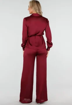 Bordeauxrode Satijnlook Set Met Blouse en Wide Leg Broek