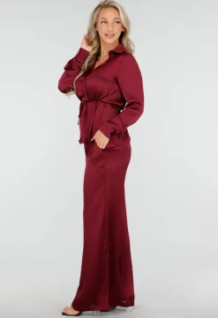 Bordeauxrode Satijnlook Set Met Blouse en Wide Leg Broek