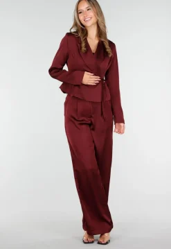 Bordeauxrode Satijnlook Wide Leg Broek met Hoge Taille