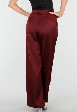 Bordeauxrode Satijnlook Wide Leg Broek met Hoge Taille