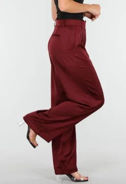 Bordeauxrode Satijnlook Wide Leg Broek met Hoge Taille