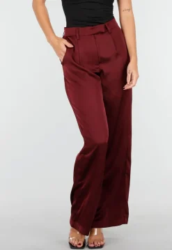 Bordeauxrode Satijnlook Wide Leg Broek met Hoge Taille