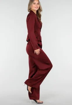 Bordeauxrode Satijnlook Wide Leg Broek met Hoge Taille