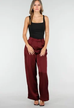 Bordeauxrode Satijnlook Wide Leg Broek met Hoge Taille