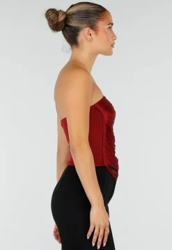 Bordeauxrode Strapless Fringe Top met Stretch
