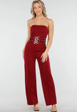 Bordeauxrode Strapless Jumpsuit met Gespen en Rechte Pijpen