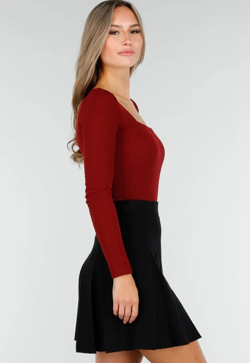 Bordeauxrode Stretch Top met Vierkante Halslijn