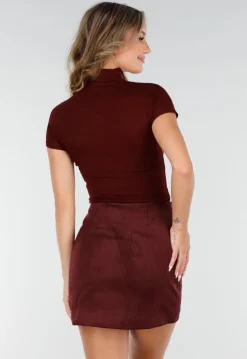 Bordeauxrode Stretch Top met Col en Korte Mouwen