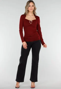 Bordeauxrode Top met Lange Mouwen en Gouden Ringdetail